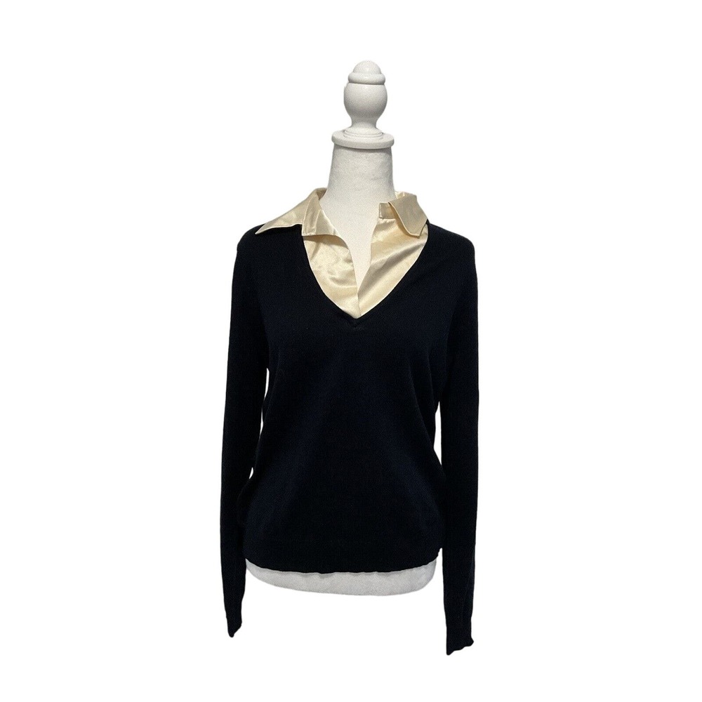 EUC Lauren Ralph Lauren Black Cashmere Sweater With Gold Silk Collar Size L